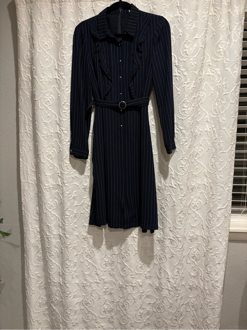 Navy Pinstripe Belted Midi Shirt Dress